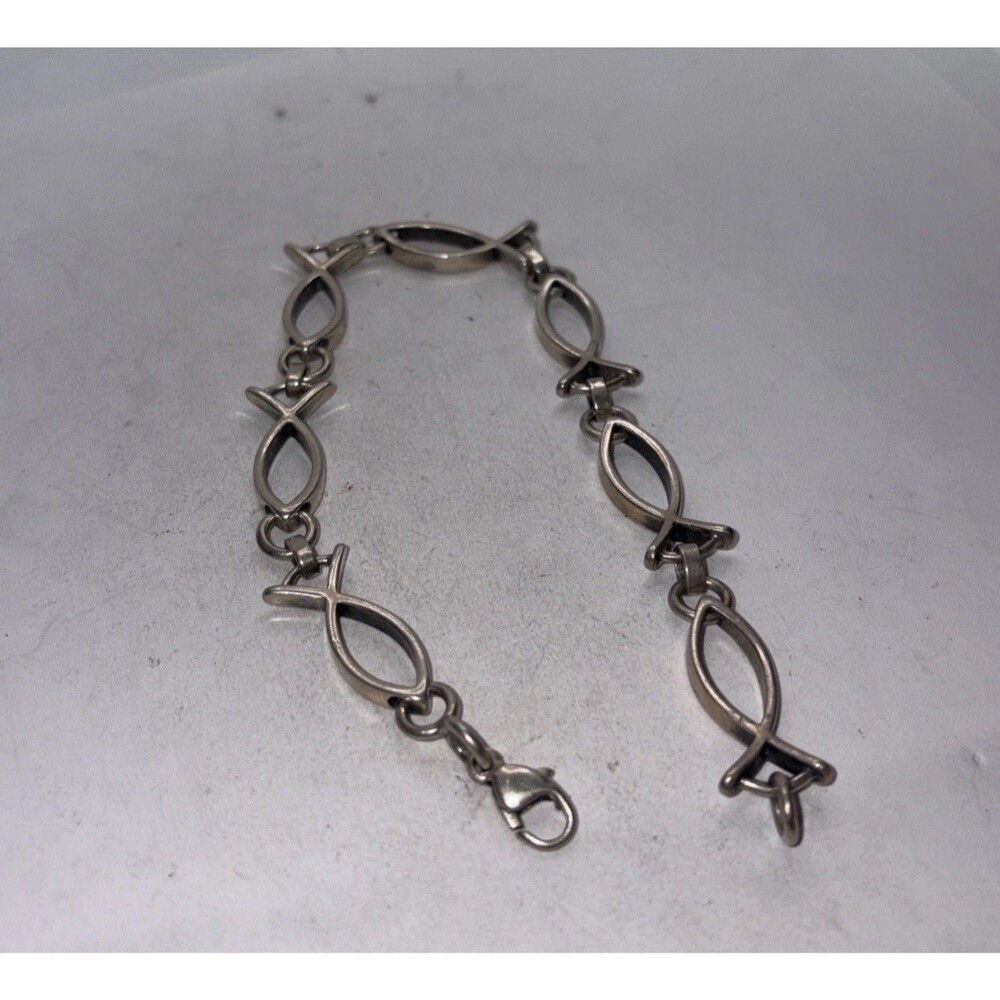 Sterling Silver Christian Jesus Fish Link Bracelet 9" Long, 925 24 grams